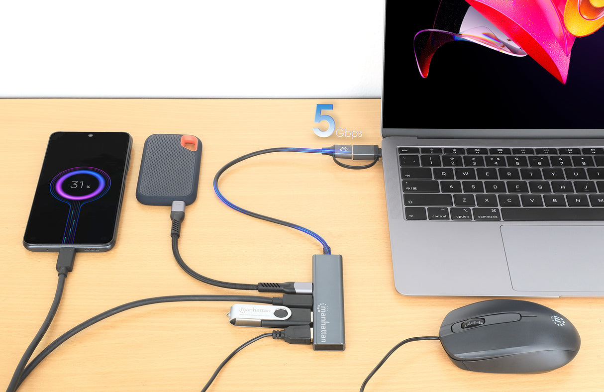 Manhattan USB-C & USB-A Combo Dock/Hub, Ports (4): USB-A (x2) and USB-C (x2), 5 Gbps (USB 3.2 Gen1 aka USB 3.0), USB powered (no external power supply required), Aluminium