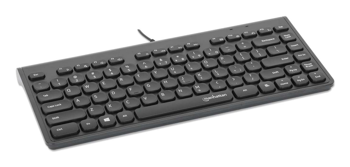 Manhattan Slim Wired USB Mini Keyboard, 12 Multimedia/Function Keys, Built-in 1.5 m (5 ft.) USB-A Cable, Compact, Low-Profile Format, for PC and Laptop, Black