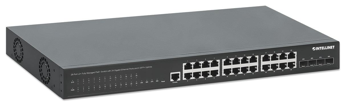 Intellinet 28-Port L2+ Fully Managed PoE+ Switch with 24 Gigabit Ethernet Ports and 4 SFP+ Uplinks IEEE 802.3at/af (PoE+/PoE) Compliant, 370 W PoE Power Budget, Layer 2+/Layer 3 Lite, Four 10G SFP+ Open Slots, Self-Healing Network, 19" Rackmount