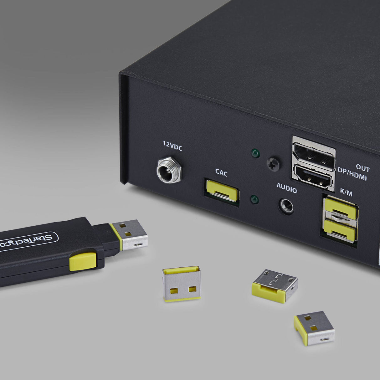 StarTech.com USB-A Port Blocker Key with 4x Latching USB-A Dust Cover Plugs, Snap-In Reusable Port Protectors for Laptops & Computers