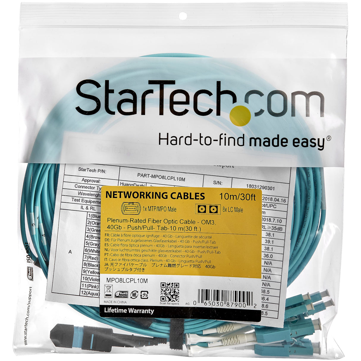 StarTech.com 10m (30ft) MTP(F)/PC to 4x LC/PC Duplex Breakout OM3 Multimode Fiber Optic Cable, OFNP Plenum, 40G Networks, Low Insertion Loss - Fiber Jumper Cord