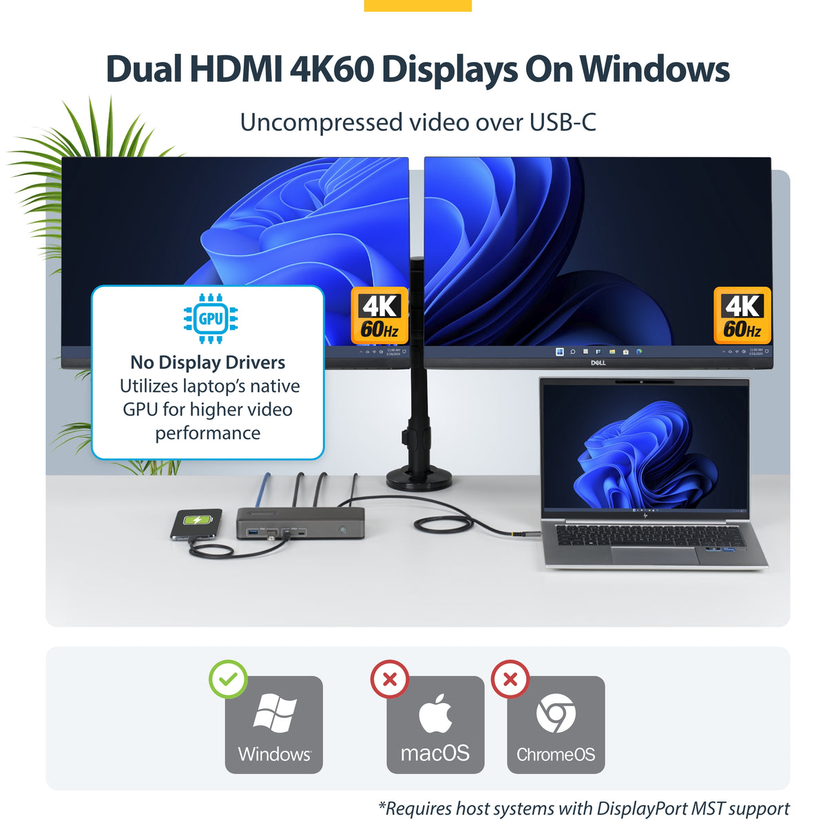 StarTech.com Dual-Monitor USB-C Docking Station, HDMI, 4K 60Hz, 100W Laptop Charging, 1GbE, Driverless, Multi-Monitor Dock For Windows