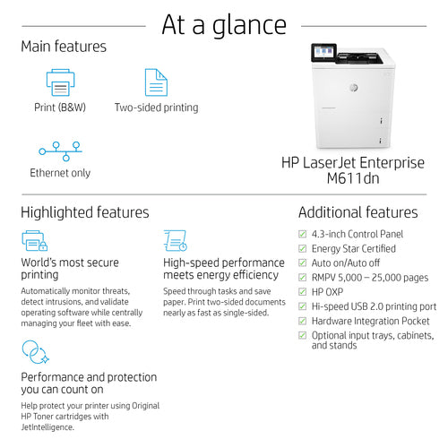 HP LaserJet Enterprise M611dn Black and white Printer, Ethernet Only; Duplex