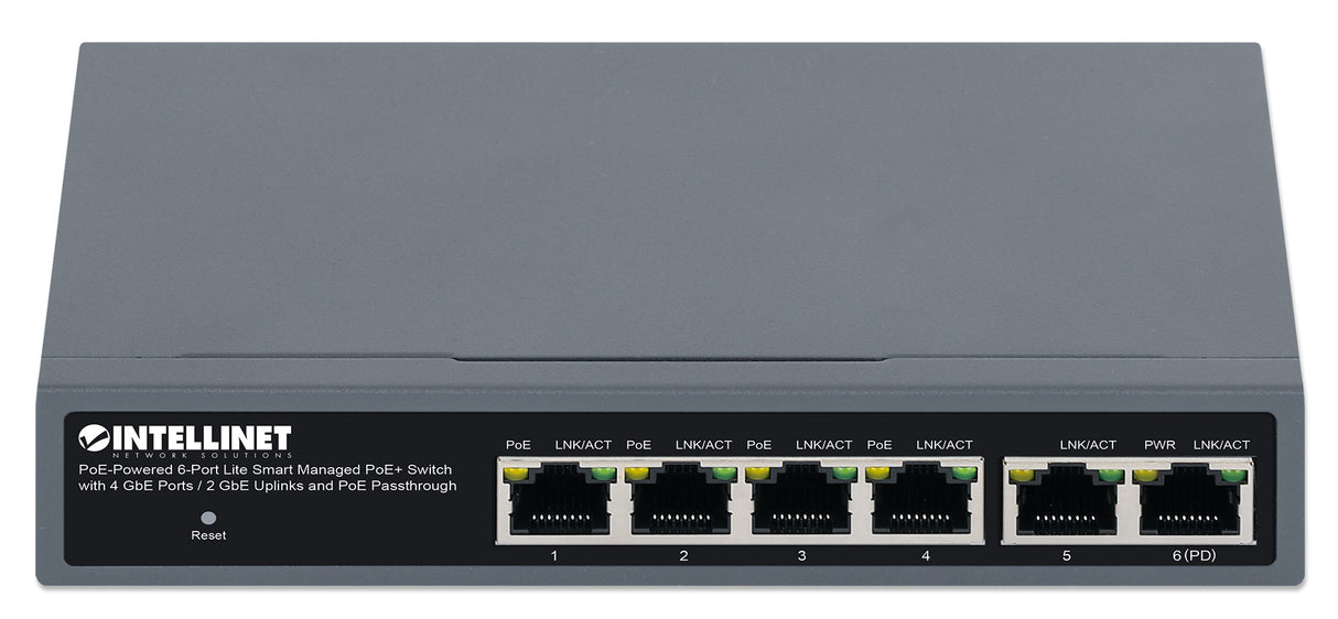 Intellinet PoE-Powered 6-Port Lite Smart Managed PoE+ Switch with 4 GbE Ports / 2 GbE Uplinks and PoE Passthrough