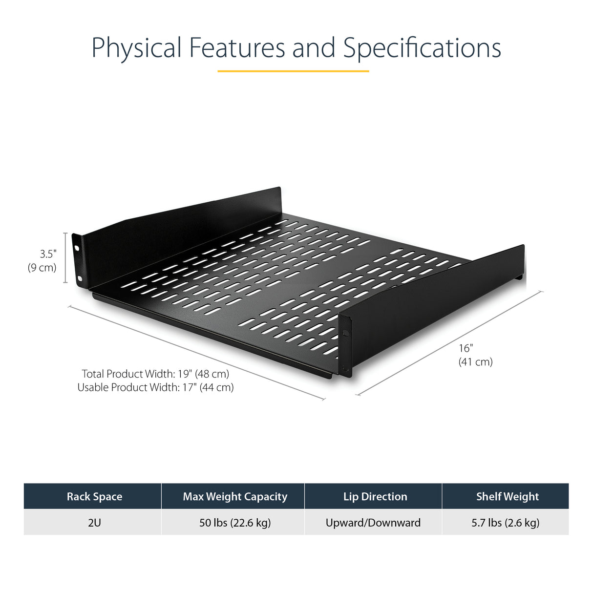 StarTech.com 2U Server Rack Shelf - Universal Vented Rack Mount Cantilever Tray for 19" Network Equipment Rack & Cabinet - Heavy Duty Steel - Weight Capacity 50lb/23kg - 16" Deep Shelf, Black - TAA