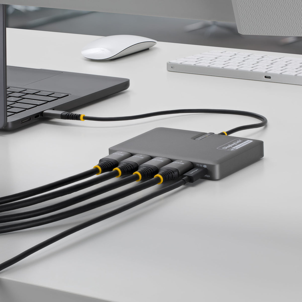 StarTech.com USB-C to Quad-Monitor Workstation Adapter, 4K 60Hz HDMI, 140W PD Passthrough for Laptop Charging, USB Port for Wireless Keyboard / Mouse, TAA