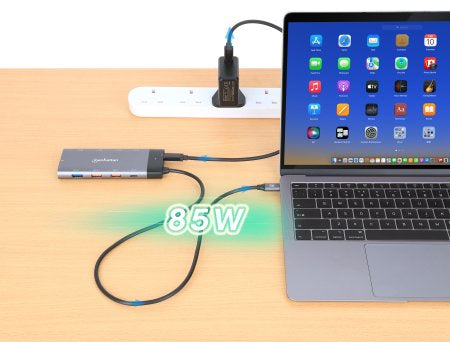 Manhattan USB-C Dock/Hub, Ports (x10): Ethernet, HDMI (x2 8k), USB-A (x5) and USB-C (x2), With Power Delivery (100W) to USB-C Port (Note additional USB-C wall charger and USB-C cable needed), USB 3.2 Gen 2, All Ports can be used at the same time...