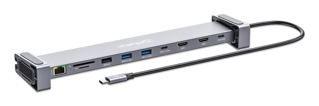 Manhattan USB-C Dock/Hub with Card Reader and MST, Ports (x7): Ethernet, HDMI (x2 4k@60Hz), USB-A (x3) and USB-C, with Power Delivery (PD) 100W- requires external USB-C charger (not included). USB powered (no external power supply required) when PD...