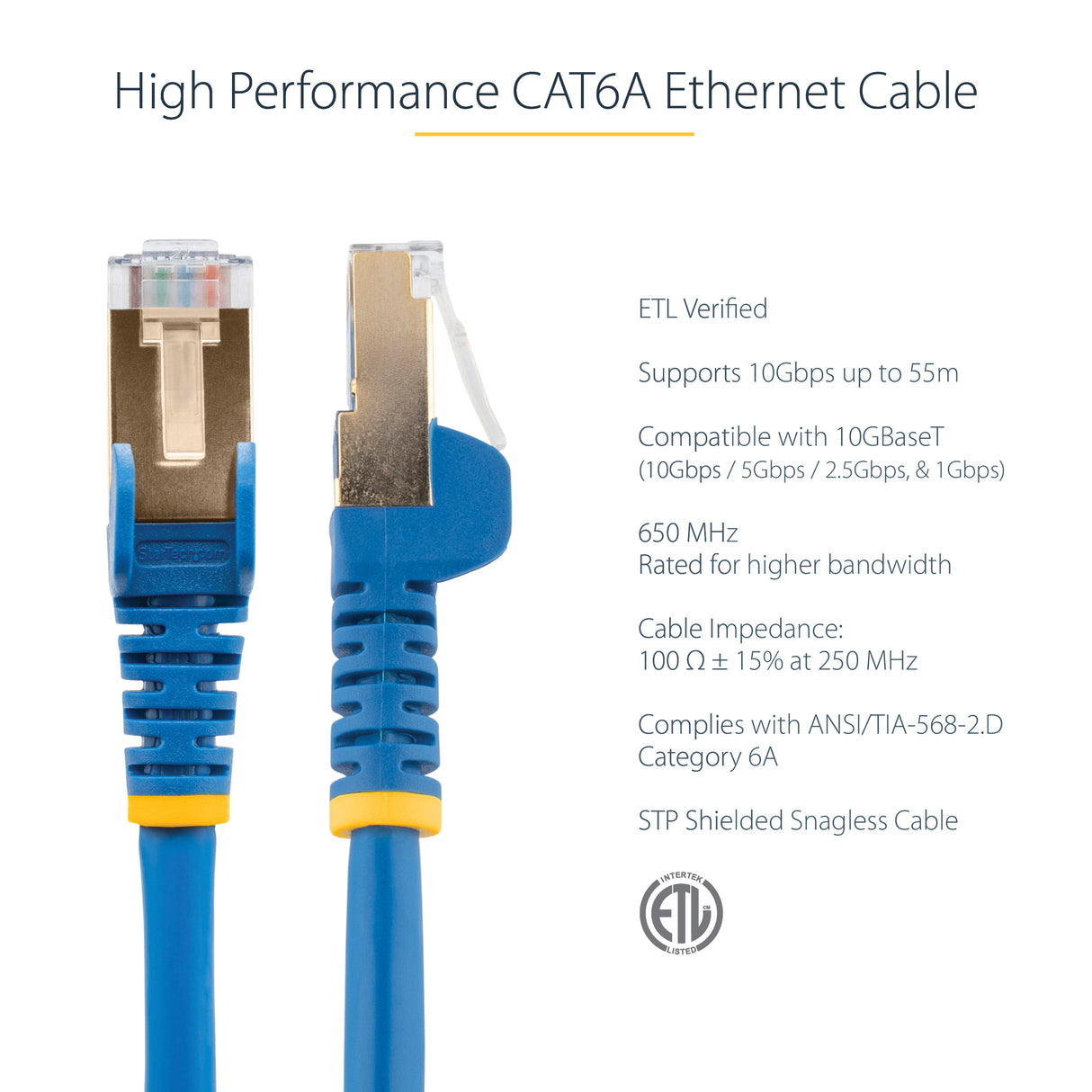 StarTech.com 8ft CAT6a Ethernet Cable - 10 Gigabit Shielded Snagless RJ45 100W PoE Patch Cord - 10GbE STP Network Cable w/Strain Relief - Blue Individually Tested/Wiring is UL Certified/TIA
