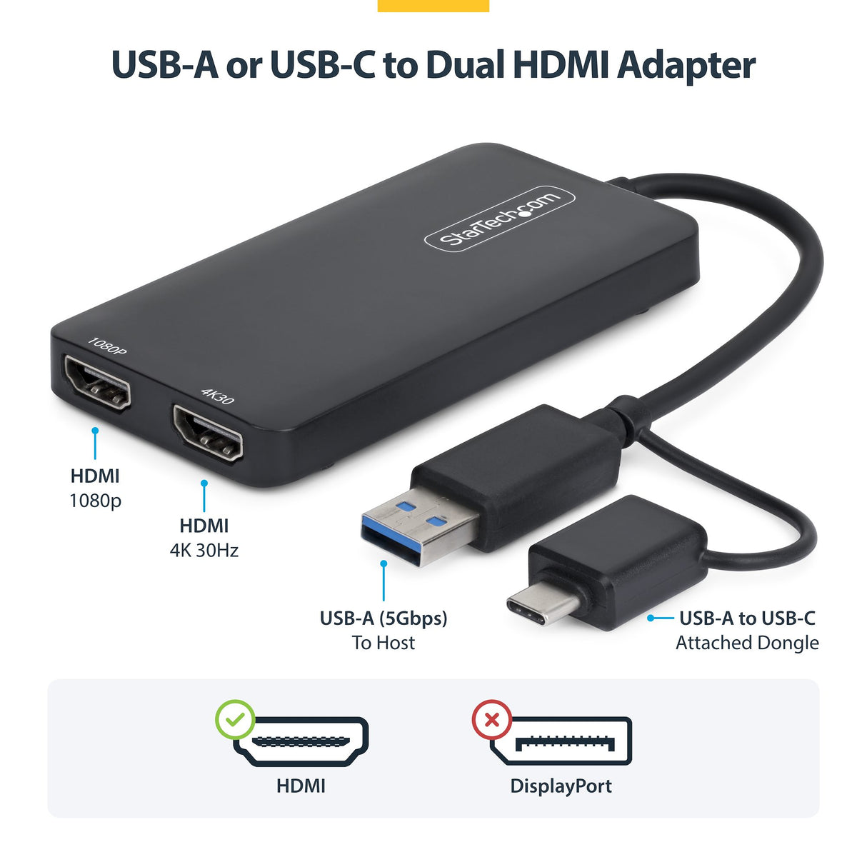 StarTech.com USB to Dual HDMI Adapter, USB A/C to 2x HDMI Displays (1x 4K30Hz, 1x 1080p), 4.3in/11cm Cable, USB 3.0 to HDMI Display Adapter, Windows/macOS, Black