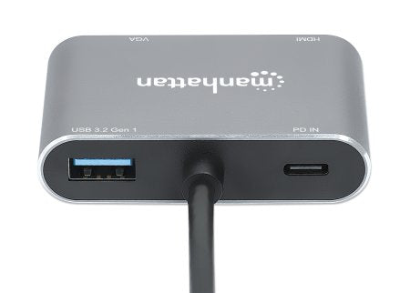 Manhattan USB-C Dock/Hub, Ports (x4): HDMI, USB-A, USB-C and VGA, with Power Delivery (PD) 87W- requires external USB-C charger (not included). USB powered (no external power supply required) when PD is not in use, Aluminium