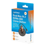 Manhattan Dual-Bay M.2 NVMe SSD Clone Station, Drive Dock for Duplication or Access, Integrated USB-C Cable, 10 Gbps SuperSpeed+ USB (USB 3.2 Gen 2), For 2230/2242/2260/2280/22110 SSDs with M Key or B+M Key, Black