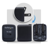 StarTech.com 30W USB‑C Wall Charger, Portable GaN Charger with USB Power Delivery Fast Charging, GaN 5V/9V/15/20V PD, USB-C Charger, Black