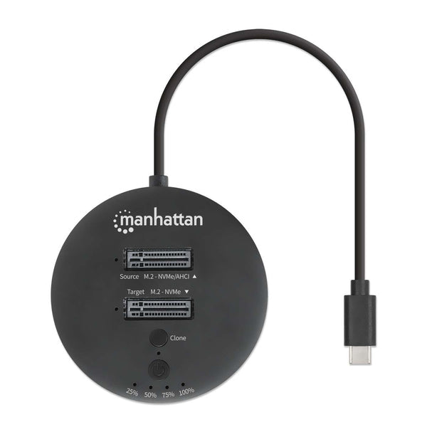 Manhattan Dual-Bay M.2 NVMe SSD Clone Station, Drive Dock for Duplication or Access, Integrated USB-C Cable, 10 Gbps SuperSpeed+ USB (USB 3.2 Gen 2), For 2230/2242/2260/2280/22110 SSDs with M Key or B+M Key, Black