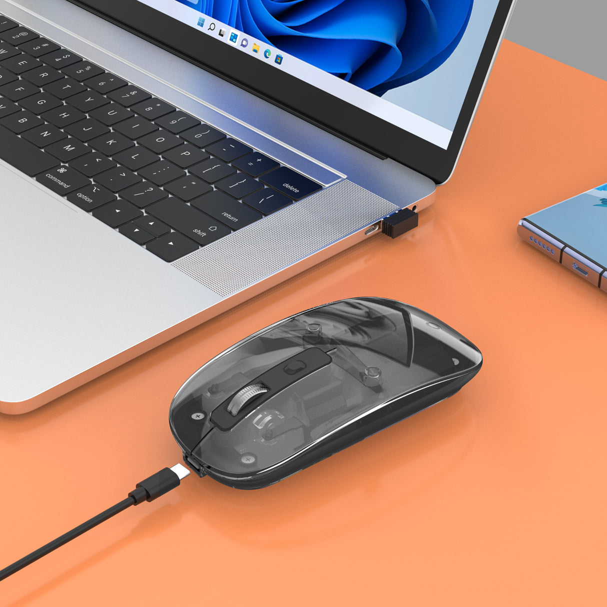 Manhattan Transparent Rechargeable Wireless Mouse, Clear/Black, Adjustable 800/1200/1600dpi, With RGB LED light, 2.4Ghz (effective range up to 10m), USB, Optical, Ambidextrous, Four Button with Scroll Wheel, Slim Design, USB-A micro receiver...