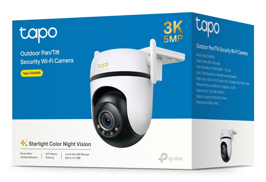 TP-Link Outdoor Pan/Tilt Security Wi-Fi Camera SPEC: 3K 5MP (2880x1620), 2.4 GHz, 2 × External Antennas, 1 × Ethernet Port, Horizontal 360º