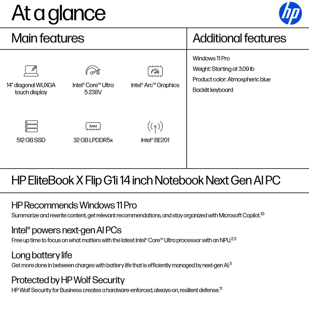 HP EliteBook X Flip G1i Next Gen AI PC Copilot+ PC Intel Core Ultra 5 238V Hybrid (2-in-1) 35.6 cm (14") Touchscreen WUXGA 32 GB LPDDR5x-SDRAM 512 GB SSD Wi-Fi 7 (802.11be) Windows 11 Pro Blue