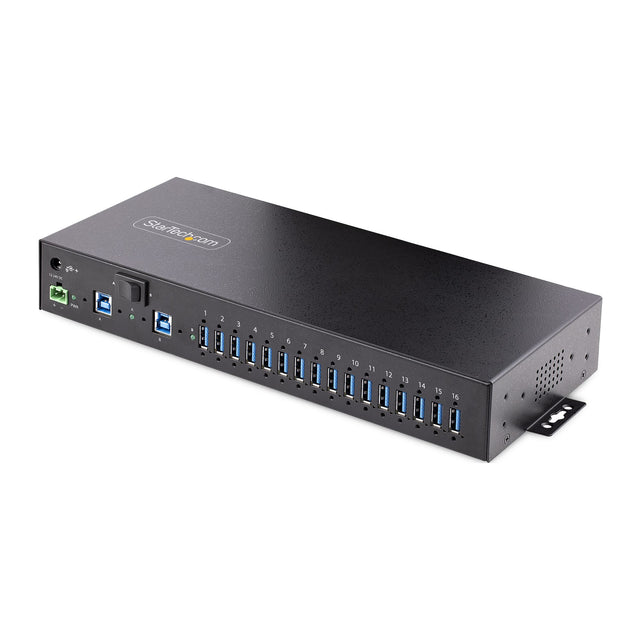 StarTech.com 16-Port Industrial USB 3.0 Hub 5Gbps, Metal, DIN/Surface/Rack Mountable, ESD Protection, Terminal Block Power, up to 120W Shared USB Charging, Dual-Host Hub/Switch - TAA