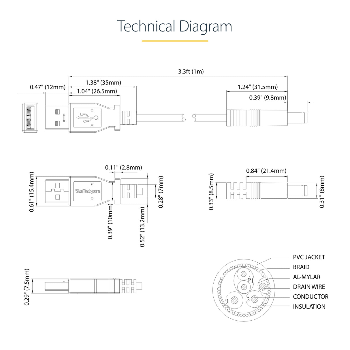 StarTech.com USB to 5.5mm Power Cable - Type N Barrel - 1m