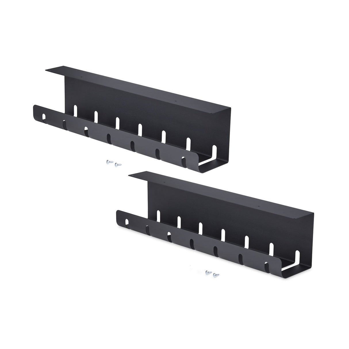 StarTech.com 2-Pack Under Desk Cable Management Tray, 42" Long (21" Per Tray), Metal Slotted Style Cable Organizer, Screw-On Install, Power Bar Holder, Black, TAA