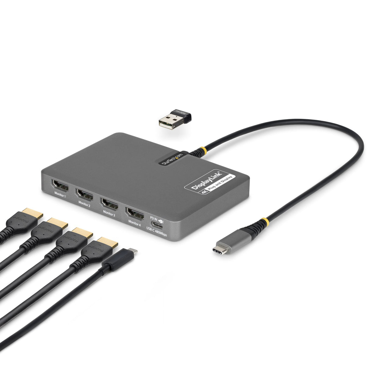 StarTech.com USB-C to Quad-Monitor Workstation Adapter, 4K 60Hz HDMI, 140W PD Passthrough for Laptop Charging, USB Port for Wireless Keyboard / Mouse, TAA