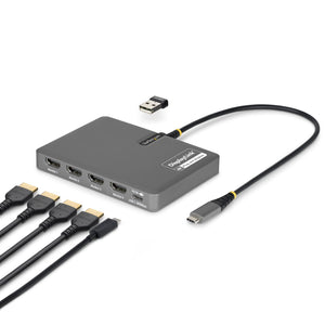 StarTech.com USB-C to Quad-Monitor Workstation Adapter, 4K 60Hz HDMI, 140W PD Passthrough for Laptop Charging, USB Port for Wireless Keyboard / Mouse, TAA