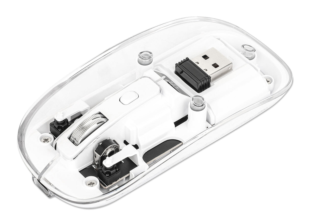 Manhattan Transparent Rechargeable Wireless Mouse, Clear/White, Adjustable 800/1200/1600dpi, With RGB LED light, 2.4Ghz (effective range up to 10m), USB, Optical, Ambidextrous, Four Button with Scroll Wheel, Slim Design, USB-A micro receiver...