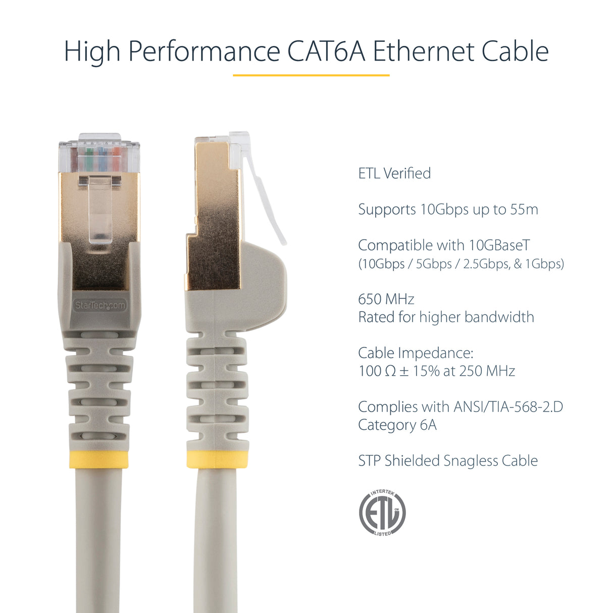 StarTech.com 10ft CAT6a Ethernet Cable - 10 Gigabit Shielded Snagless RJ45 100W PoE Patch Cord - 10GbE STP Network Cable w/Strain Relief - Gray Individually Tested/Wiring is UL Certified/TIA