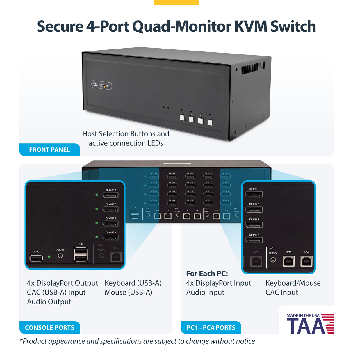 StarTech.com Secure 4-Port Quad-Monitor KVM Switch, DisplayPort, 4K 60Hz, NIAP 4.0 Desktop KVM, CAC, Metal Housing, Made in the USA