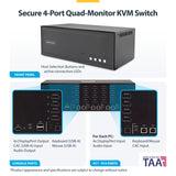StarTech.com Secure 4-Port Quad-Monitor KVM Switch, DisplayPort, 4K 60Hz, NIAP 4.0 Desktop KVM, CAC, Metal Housing, Made in the USA