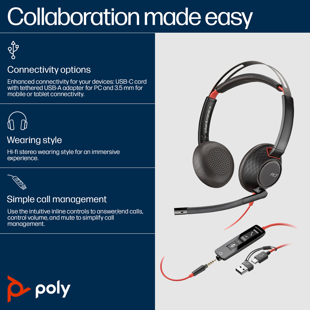 HP Poly Blackwire 5220 Stereo USB-C Headset +3.5mm Plug +USB-C/A Adapter (Bulk)