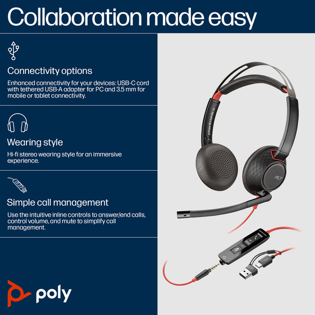 HP Poly Blackwire 5220 Stereo USB-C Headset +3.5mm Plug +USB-C/A Adapter