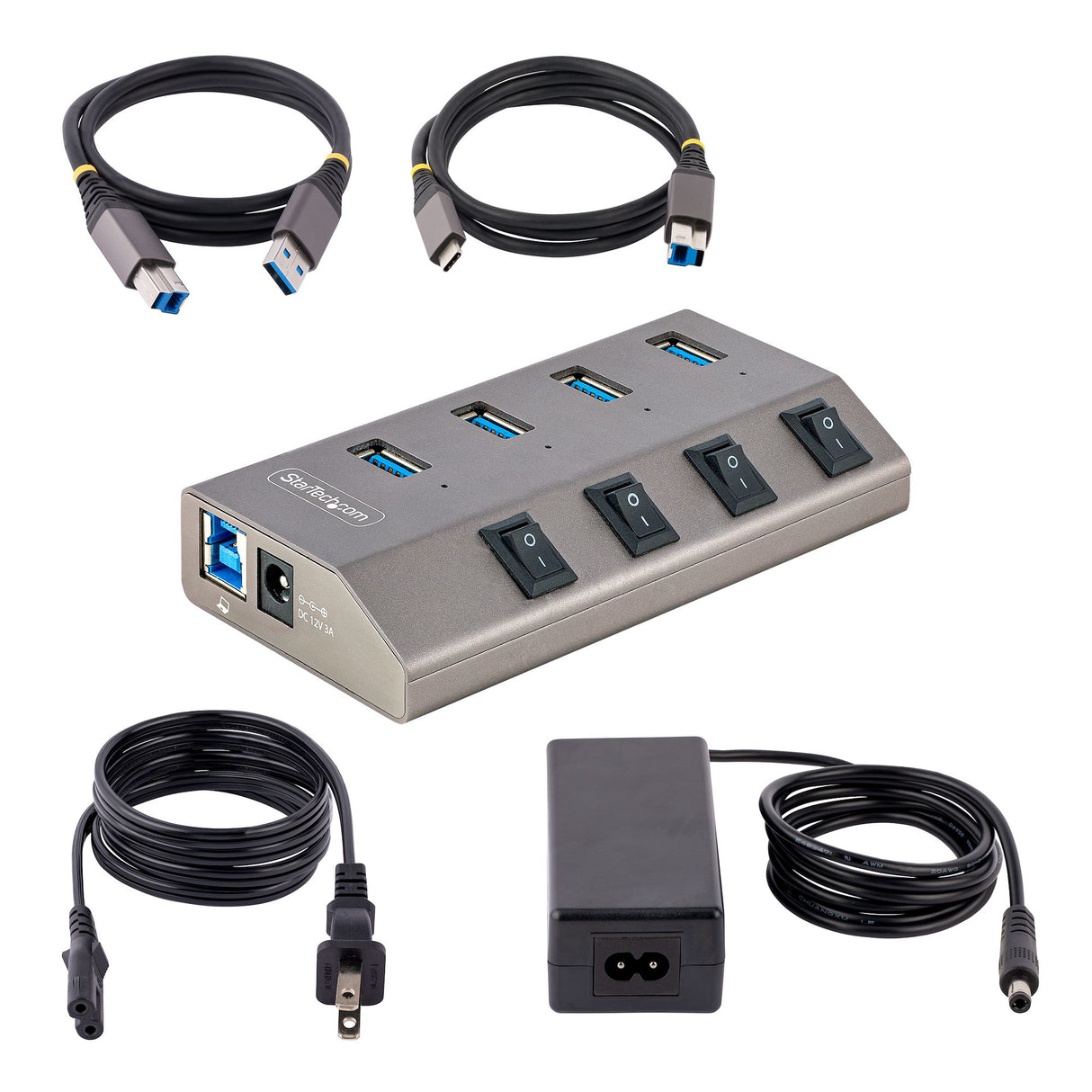 StarTech.com 4 Port Self-Powered USB C Hub with Individual On/Off Switches, USB 3.0 (5Gbps) Expansion Hub with Power Supply, Desktop Laptop USB-C to USB-A Splitter