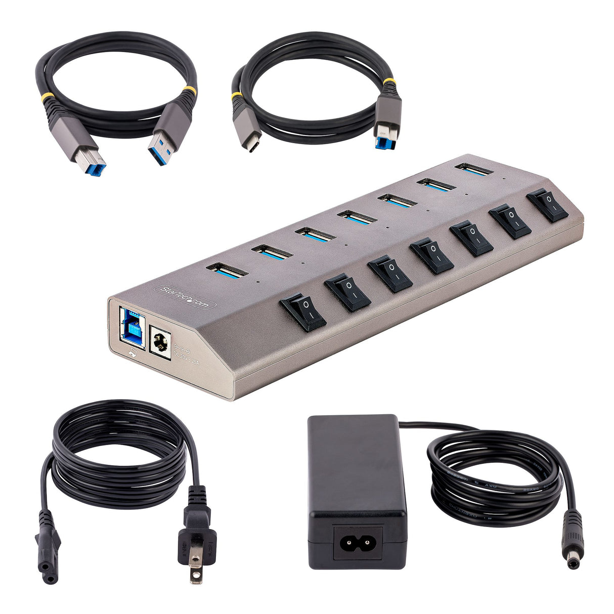 StarTech.com 7 Port Self-Powered USB C Hub with Individual On/Off Switches, USB 3.0 (5Gbps) Expansion Hub with Power Supply, Desktop Laptop USB-C to USB-A Splitter