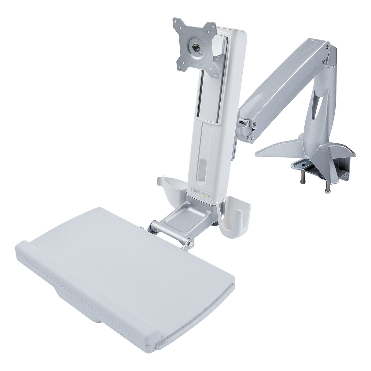 StarTech.com Sit-Stand Monitor Arm with Keyboard/Mouse Tray - Adjustable Desk Mount Sit-Stand Workstation Arm for Single 27" VESA Display - Ergonomic Articulating Standing Desk Converter - TAA