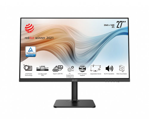 MSI Modern MD272QP 27 Inch Monitor with Adjustable Stand, WQHD (2560 x 1440), 75Hz, IPS, 5ms, HDMI, DisplayPort, USB Type-C, Built-in USB Hub, Built-in Speakers, Anti-Glare, Anti-Flicker, Less Blue light, TÜV Certified, VESA, Kensington, Black