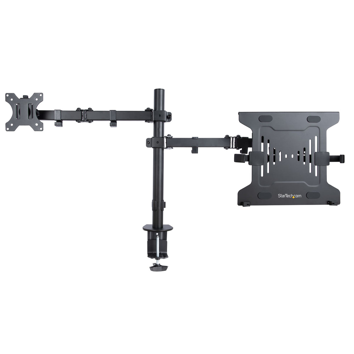 StarTech.com Monitor Arm with VESA Laptop Tray, For a Laptop (4.5kg/9.9lb) and a Single Display up to 32" (17.6lb/8kg), Black, Vented Tray, Adjustable Laptop Arm Mount, C-clamp/Grommet Mount