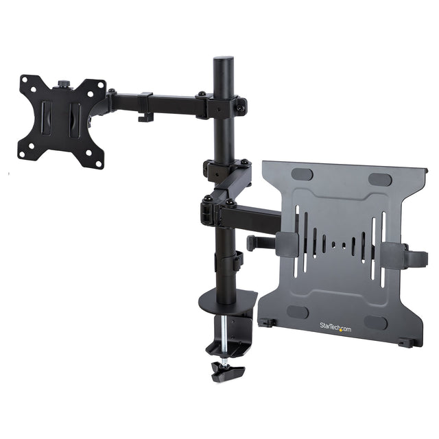 StarTech.com Monitor Arm with VESA Laptop Tray, For a Laptop (4.5kg/9.9lb) and a Single Display up to 32" (17.6lb/8kg), Black, Vented Tray, Adjustable Laptop Arm Mount, C-clamp/Grommet Mount