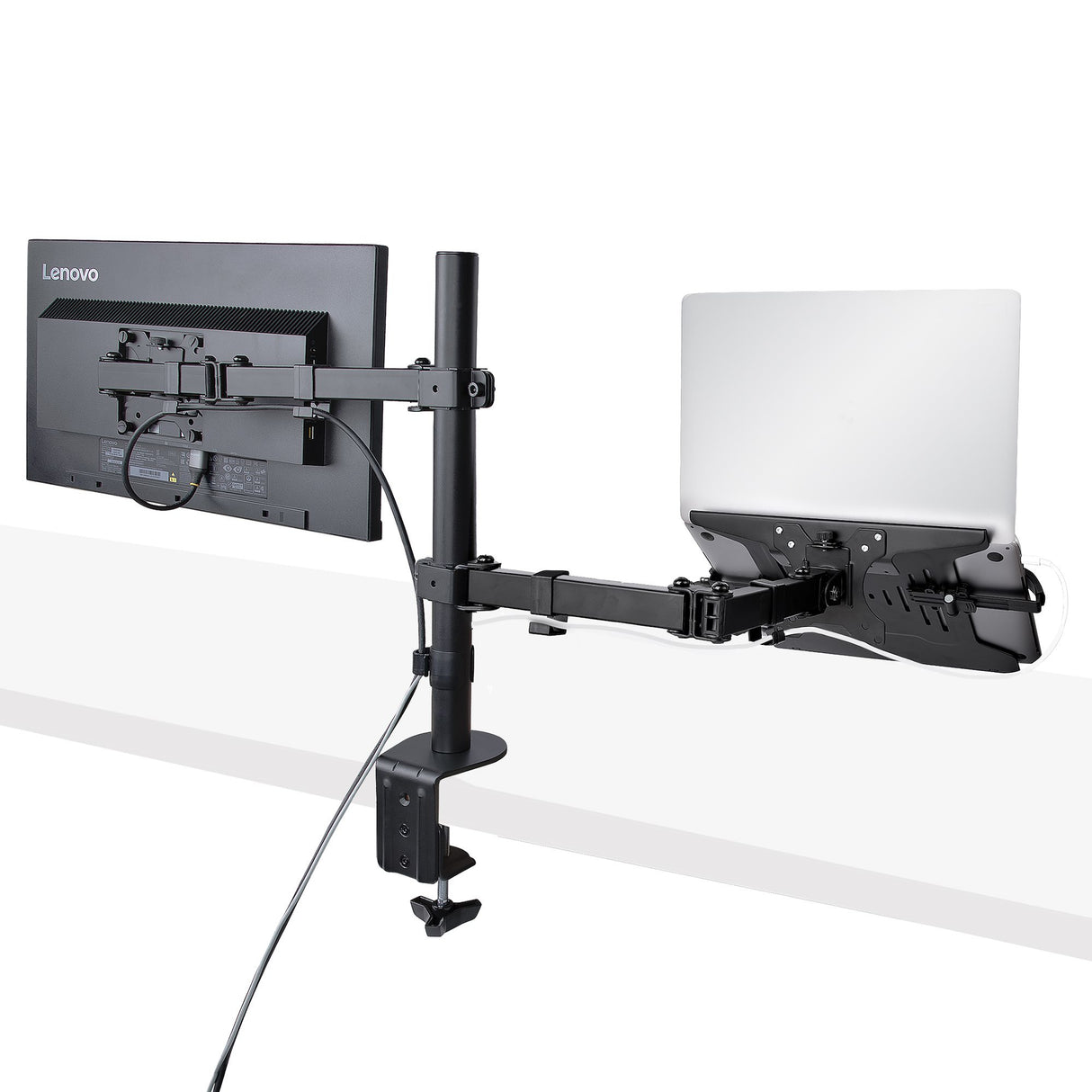 StarTech.com Monitor Arm with VESA Laptop Tray, For a Laptop (4.5kg/9.9lb) and a Single Display up to 32" (17.6lb/8kg), Black, Vented Tray, Adjustable Laptop Arm Mount, C-clamp/Grommet Mount