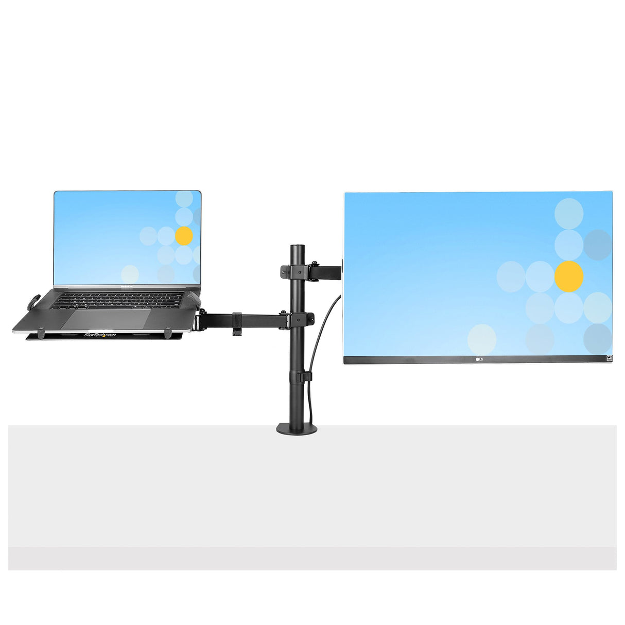 StarTech.com Monitor Arm with VESA Laptop Tray, For a Laptop (4.5kg/9.9lb) and a Single Display up to 32" (17.6lb/8kg), Black, Vented Tray, Adjustable Laptop Arm Mount, C-clamp/Grommet Mount