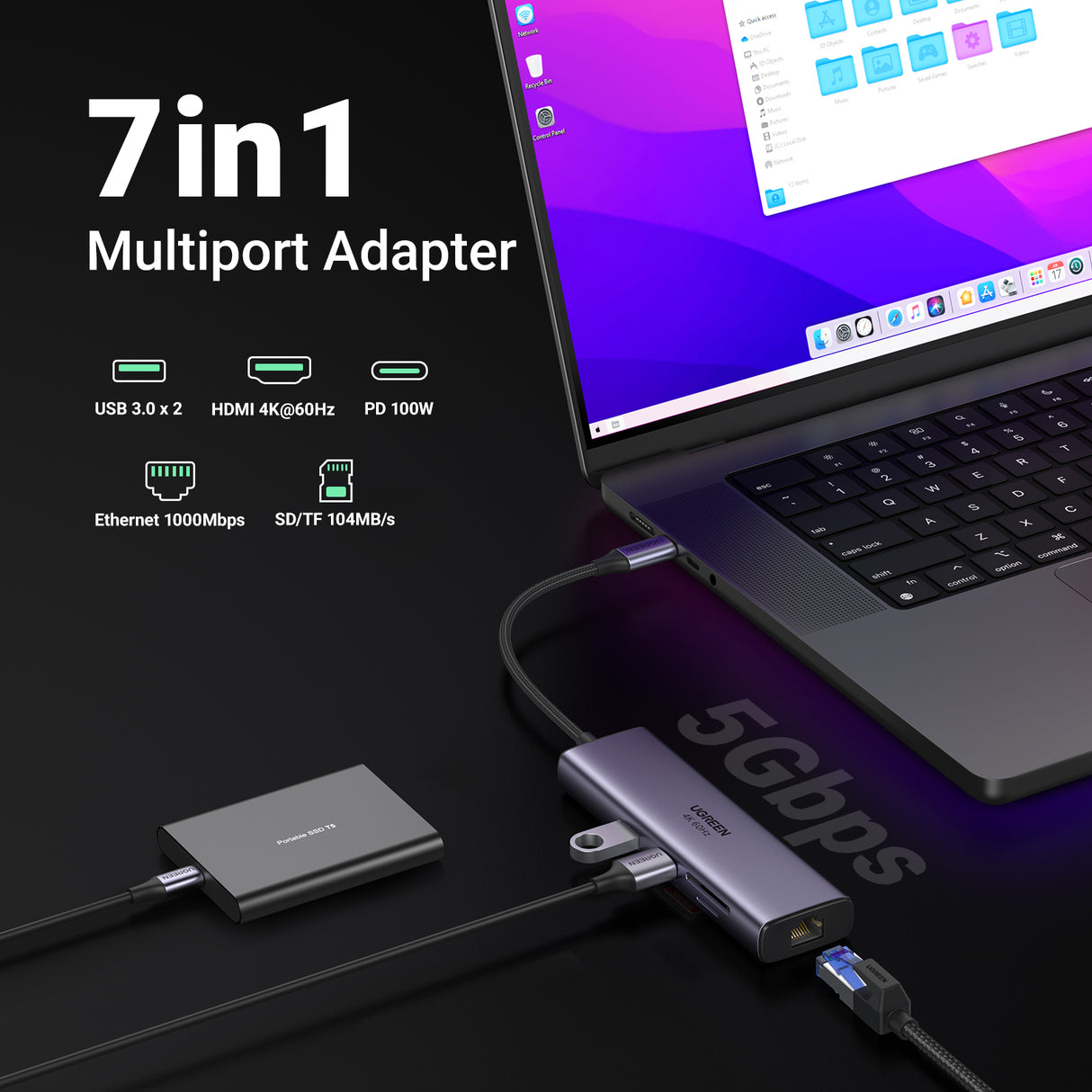 Ugreen 60515 USB-C Hub 2*USB3.0+HDMI+RJ45+SD&TF +PD port Converter