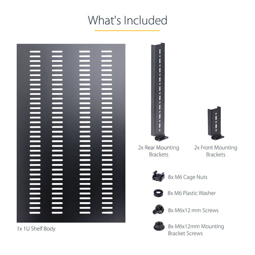 StarTech.com 1U 4-Post Adjustable Vented Server Rack Mount Shelf - 330lbs(150 kg) - 19.5 to 38in Adjustable Mounting Depth Universal Tray for 19" AV/ Network Equipment Rack - 27.5in Deep