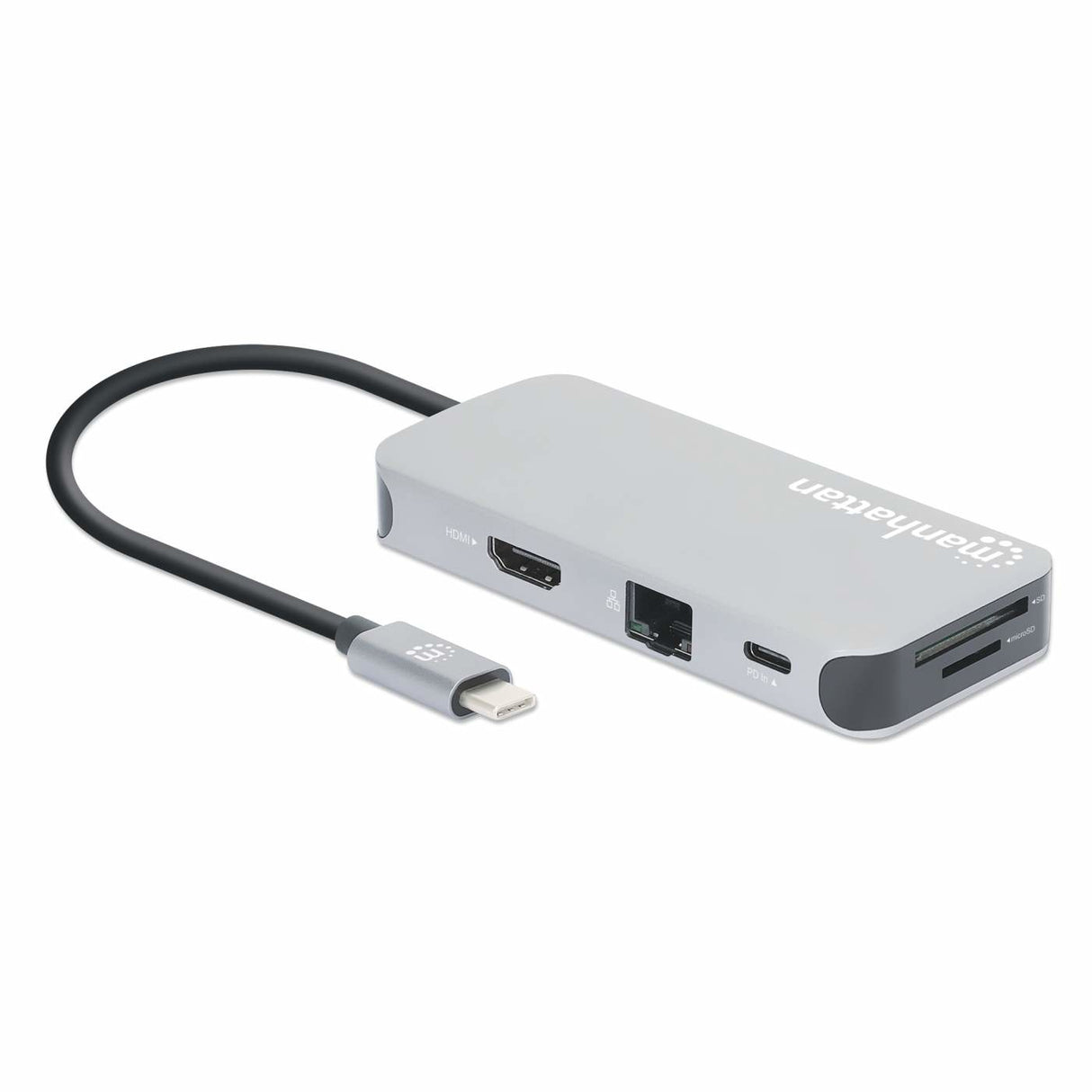 Manhattan USB-C Dock/Hub with Card Reader, Ports (x6): Ethernet, HDMI, USB-A (x3) and USB-C, With Power Delivery (100W) to USB-C Port (Note additional USB-C wall charger and USB-C cable needed), Universal for all devices, Cable 15cm, Aluminium...