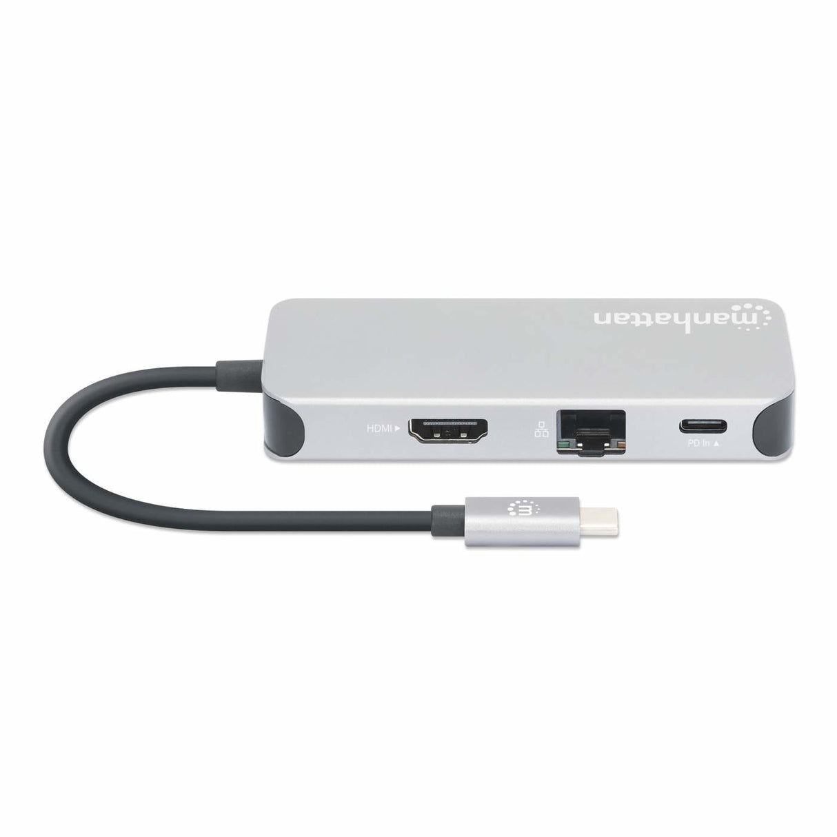 Manhattan USB-C Dock/Hub with Card Reader, Ports (x6): Ethernet, HDMI, USB-A (x3) and USB-C, With Power Delivery (100W) to USB-C Port (Note additional USB-C wall charger and USB-C cable needed), Universal for all devices, Cable 15cm, Aluminium...