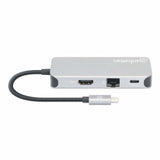 Manhattan USB-C Dock/Hub with Card Reader, Ports (x6): Ethernet, HDMI, USB-A (x3) and USB-C, With Power Delivery (100W) to USB-C Port (Note additional USB-C wall charger and USB-C cable needed), Universal for all devices, Cable 15cm, Aluminium...