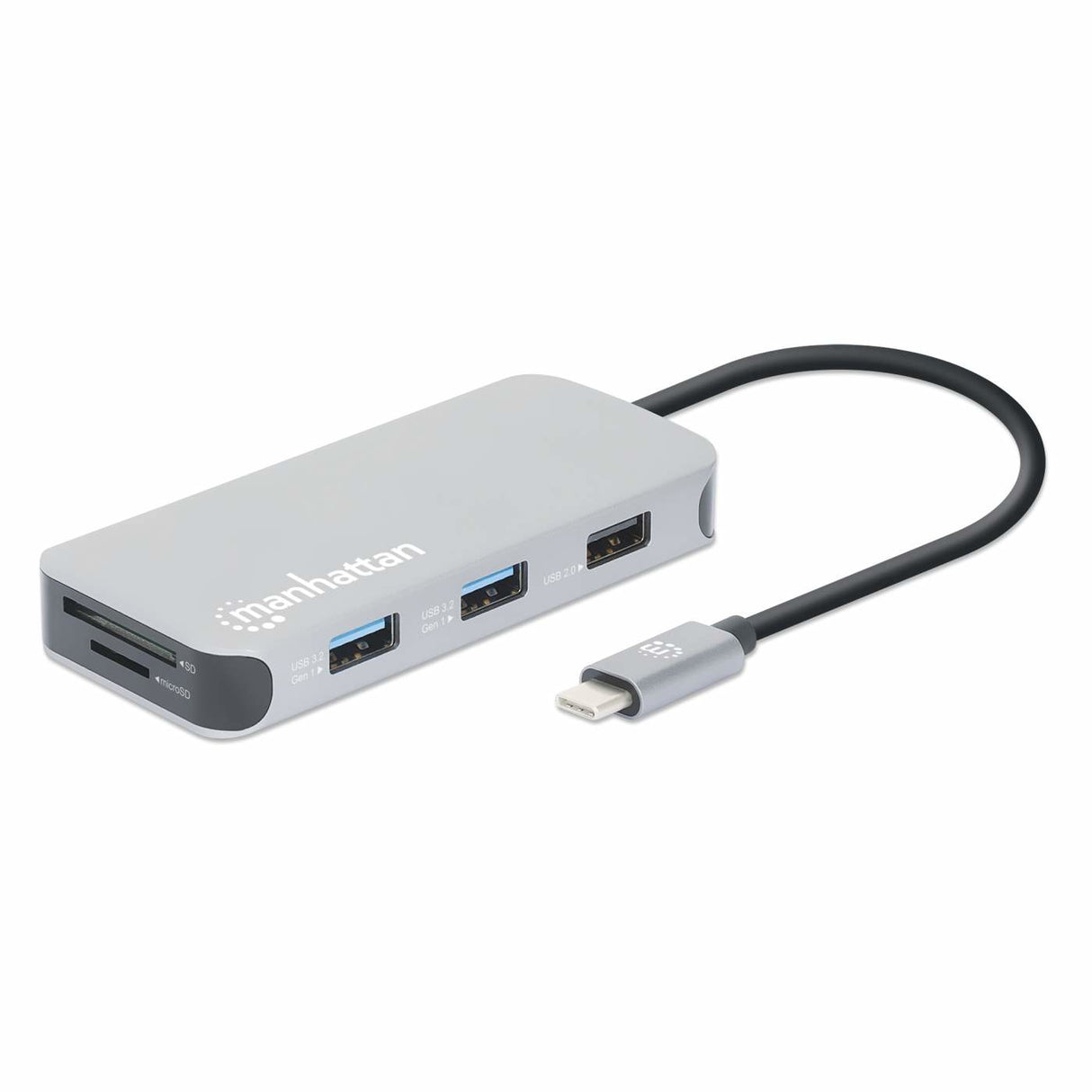 Manhattan USB-C Dock/Hub with Card Reader, Ports (x6): Ethernet, HDMI, USB-A (x3) and USB-C, With Power Delivery (100W) to USB-C Port (Note additional USB-C wall charger and USB-C cable needed), Universal for all devices, Cable 15cm, Aluminium...