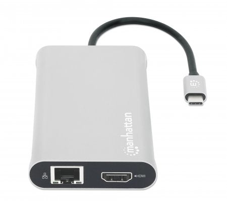 Manhattan USB-C Dock/Hub with Card Reader and MST, Ports (x10): Ethernet, 4K HDMI (X3), USB-A (x3) and USB-C (x2), With Power Delivery (100W) to 1x USB-C Port (USB-C wall charger/ cable needed), MST = Multi-Stream Transport, Universal for all devices
