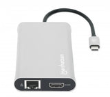 Manhattan USB-C Dock/Hub with Card Reader and MST, Ports (x10): Ethernet, 4K HDMI (X3), USB-A (x3) and USB-C (x2), With Power Delivery (100W) to 1x USB-C Port (USB-C wall charger/ cable needed), MST = Multi-Stream Transport, Universal for all devices