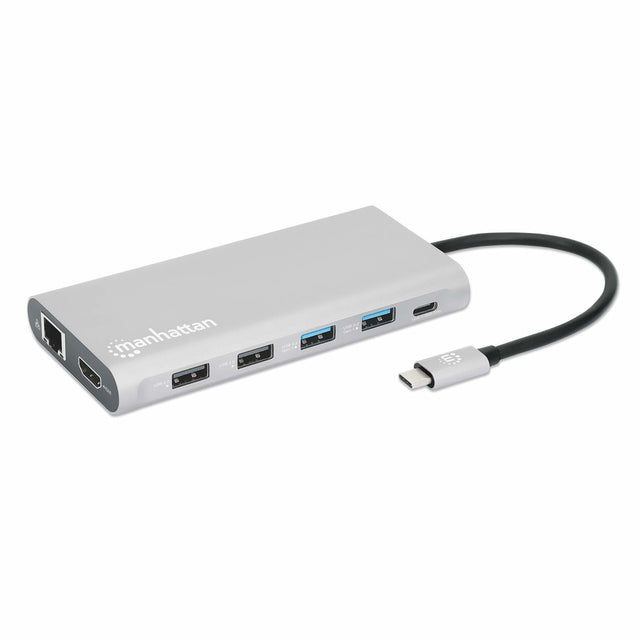 Manhattan USB-C Dock/Hub with Card Reader and MST, Ports (x10): Ethernet, 4K HDMI (X3), USB-A (x3) and USB-C (x2), With Power Delivery (100W) to 1x USB-C Port (USB-C wall charger/ cable needed), MST = Multi-Stream Transport, Universal for all devices