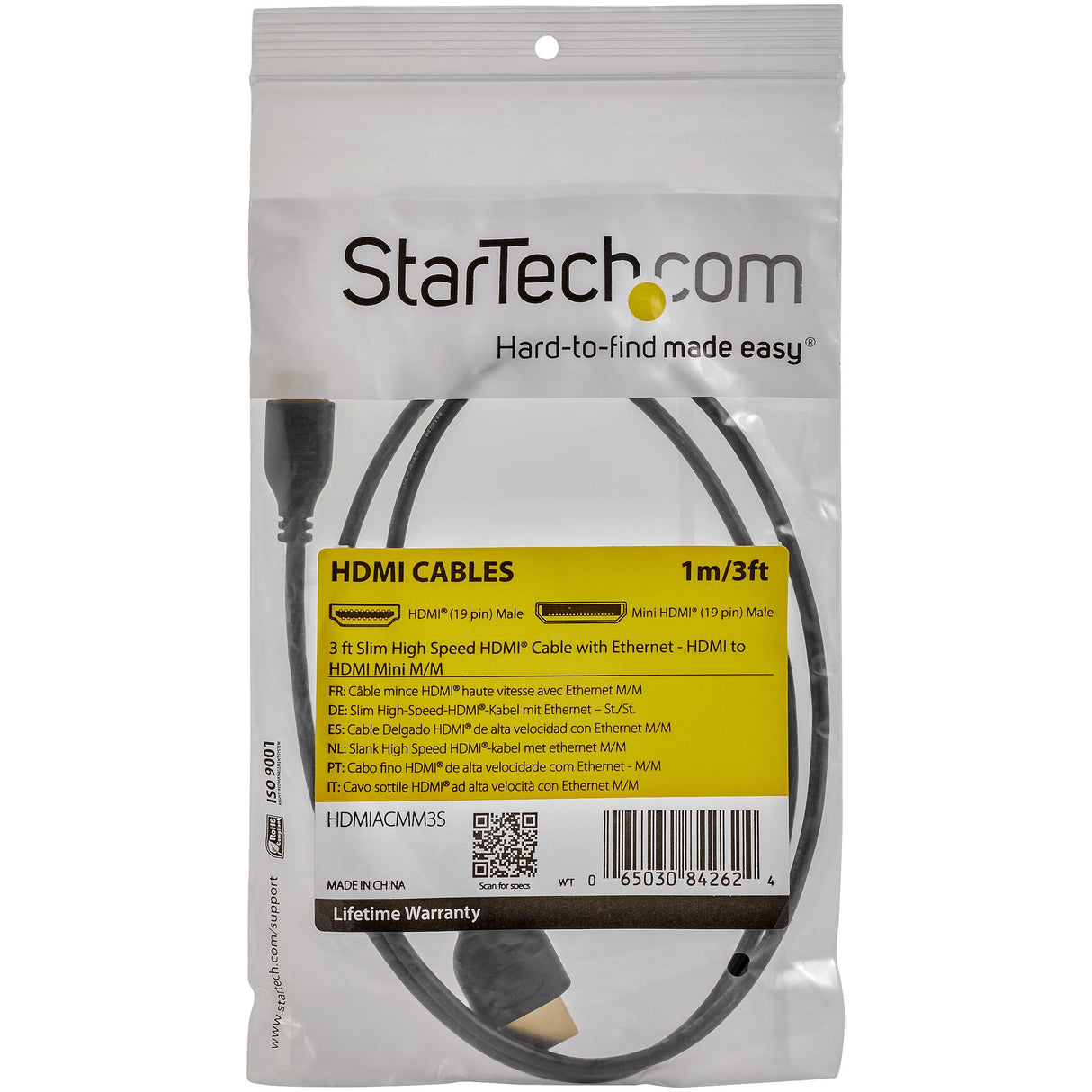 StarTech.com 3ft (91cm) Mini HDMI to HDMI Cable with Ethernet - 4K 30Hz High Speed Slim Mini HDMI to HDMI Adapter Cable - Mini HDMI Type-C Device to HDMI Monitor/Display - Video Converter Cord